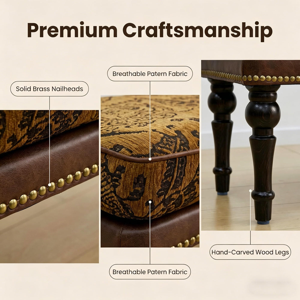 47" Upholstered Bed End Bench, Vintage Bed Bench