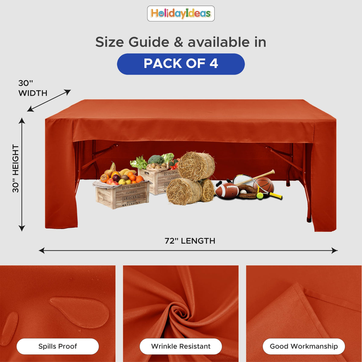 4-Pack 6ft Rust 3-Sided Fitted Tablecloth for Fall