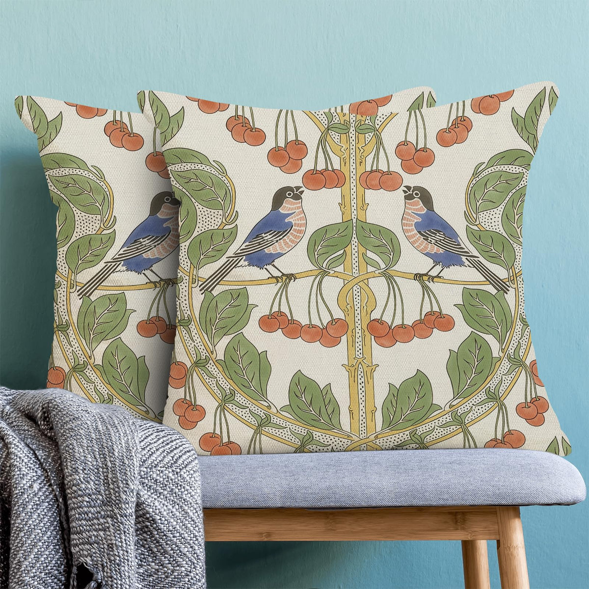 Boho Pillow Covers 18x18 Inch Set of 2 Blue Orange Vintage Botanical Bird Throw Pillows Seasonal Cherries Bird Floral