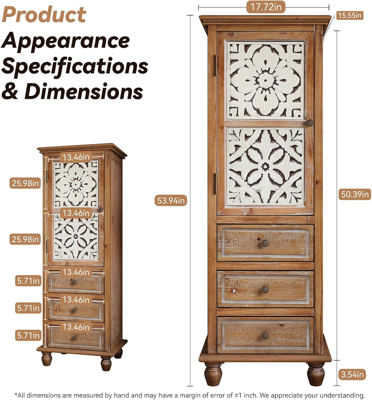 54''Tall Kitchen Pantry Cupboard Storage Cabine,Narrow Accent Cabinet | Solid Wood Frame;Farmhouse/French Country