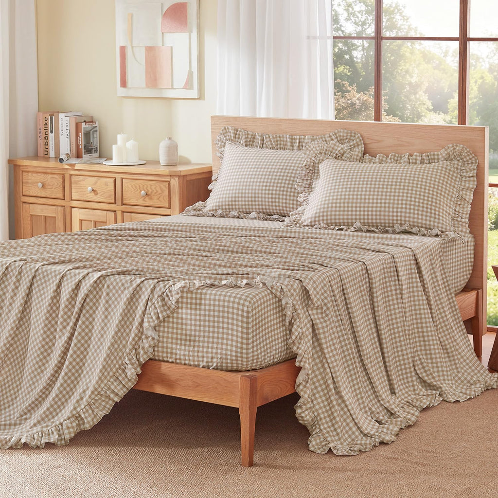 Tan Gingham Ruffle Sheets Set 4 Pieces