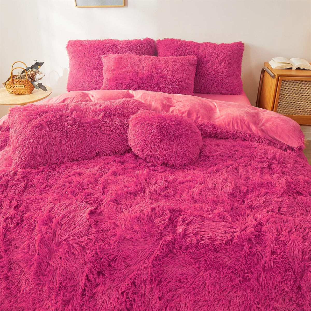Fluffy Faux Fur hot Pink Comforter Cover Set - Ultra Soft Plush Bedding Sets 3 Pieces (1 Fluffy Duvet Cover + 2