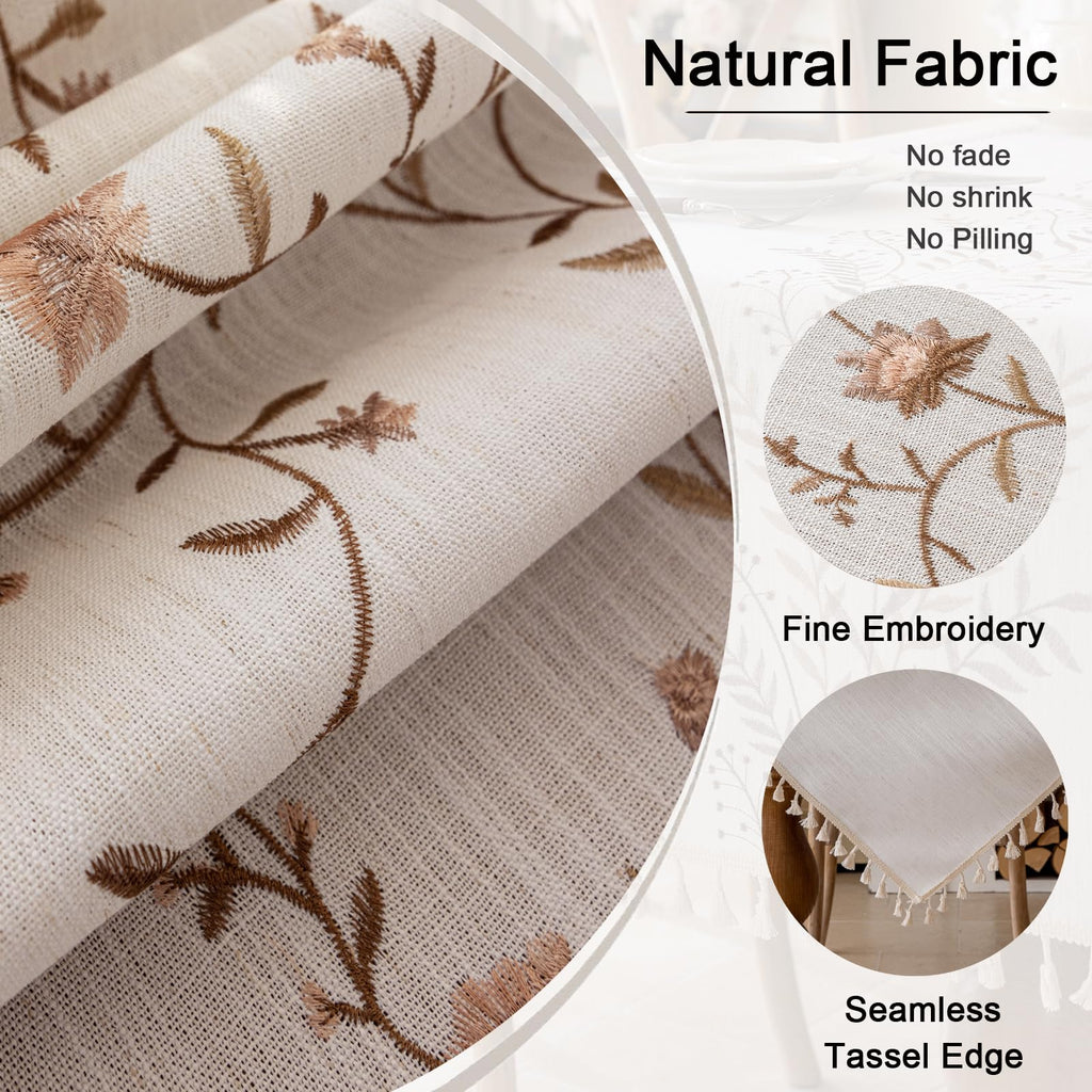 Linen Waterproof Tablecloth with Tassels, Rustic Farmhouse Flowers Embroidery Table Cloths for Rectangle Tables
