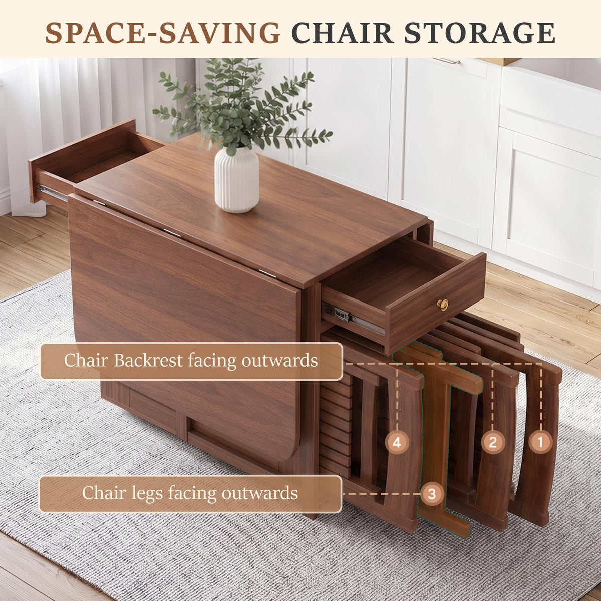 Folding Drop Leaf Dining Table and 6 Chairs, Space Saving Set, Walnut, 59"