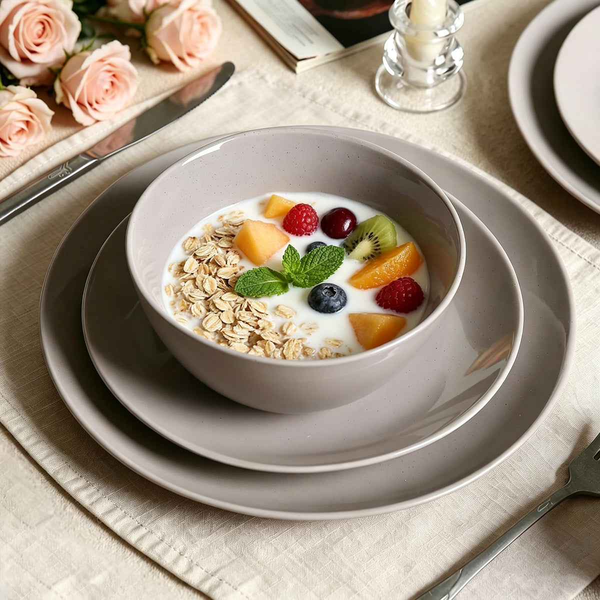 Dinnerware Sets for 4, 12 Pieces Stoneware Plates and Bowls Sets, Dishwasher&Microwave Safe,Modern Minimalist