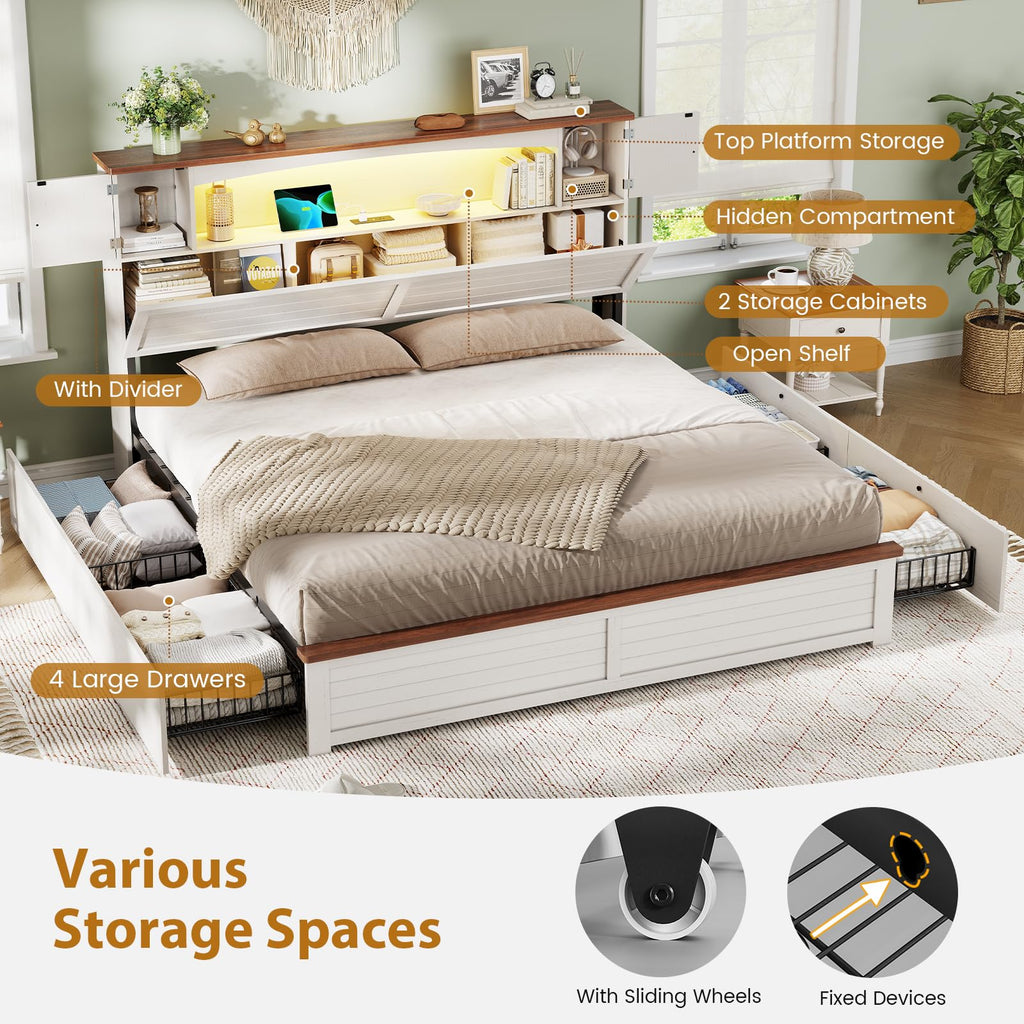 Farmhouse Bed Frame with Bookcase and Storage Cabinets Headboard, Wood Platform Bed with LED Lights