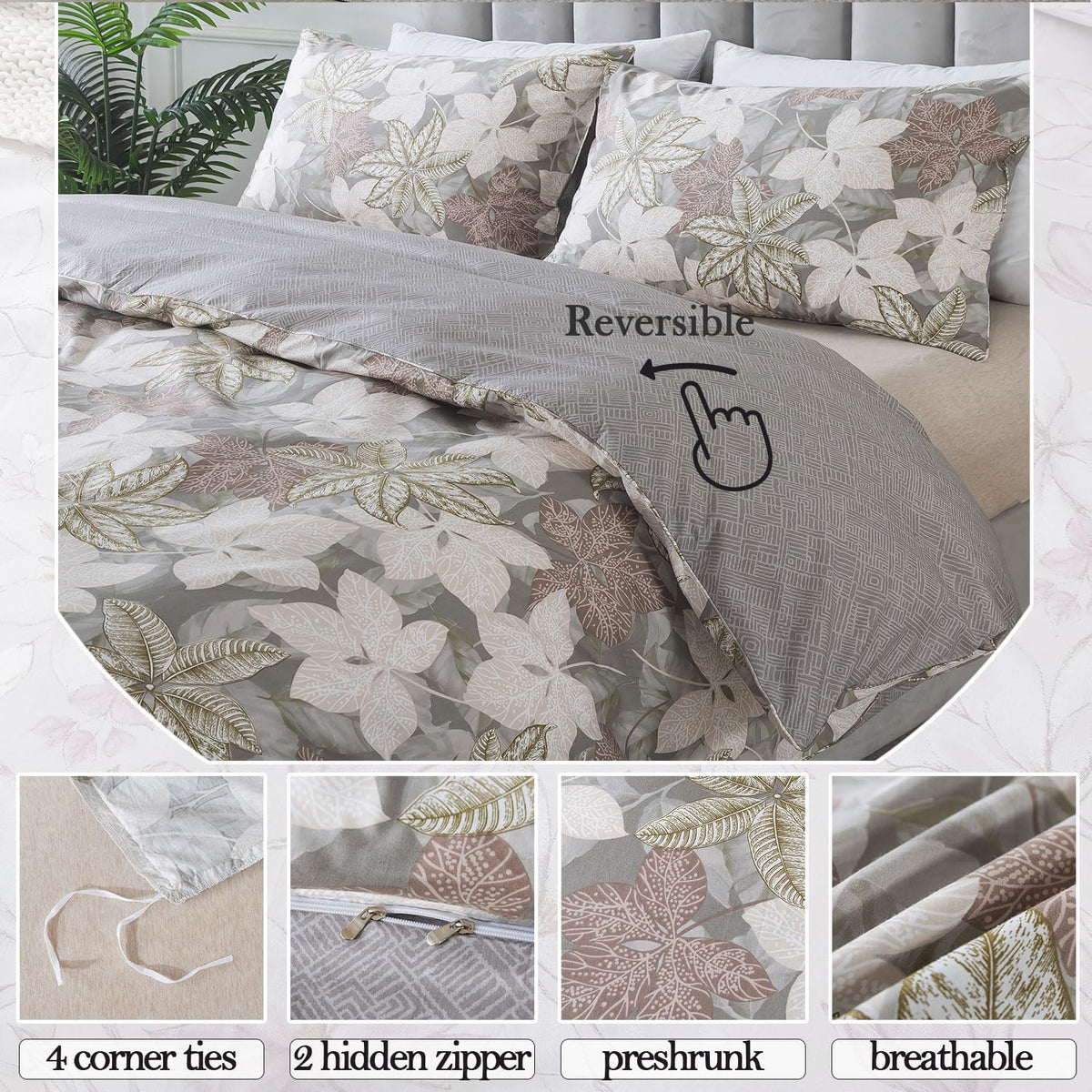 Duvet Cover Sets 100% Cotton Luxury Vintage Leaves Patterned Comforter Cover Farmhouse Bedding for All Season