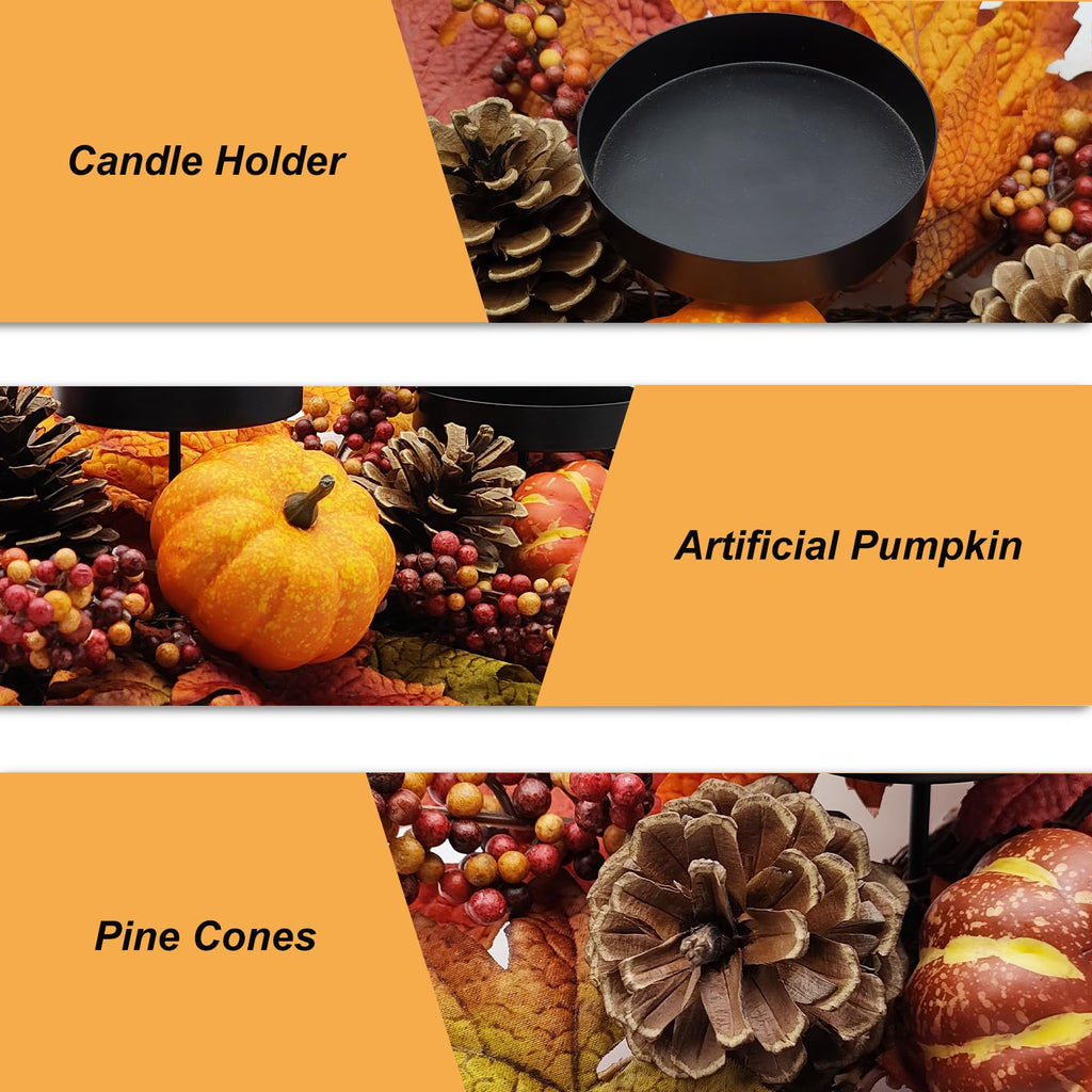 Fall Centerpiece Table Decorations, 27.5'' L Assorted Artificial Pumpkins, Pine Cones, Berries, and Autumn Leaves