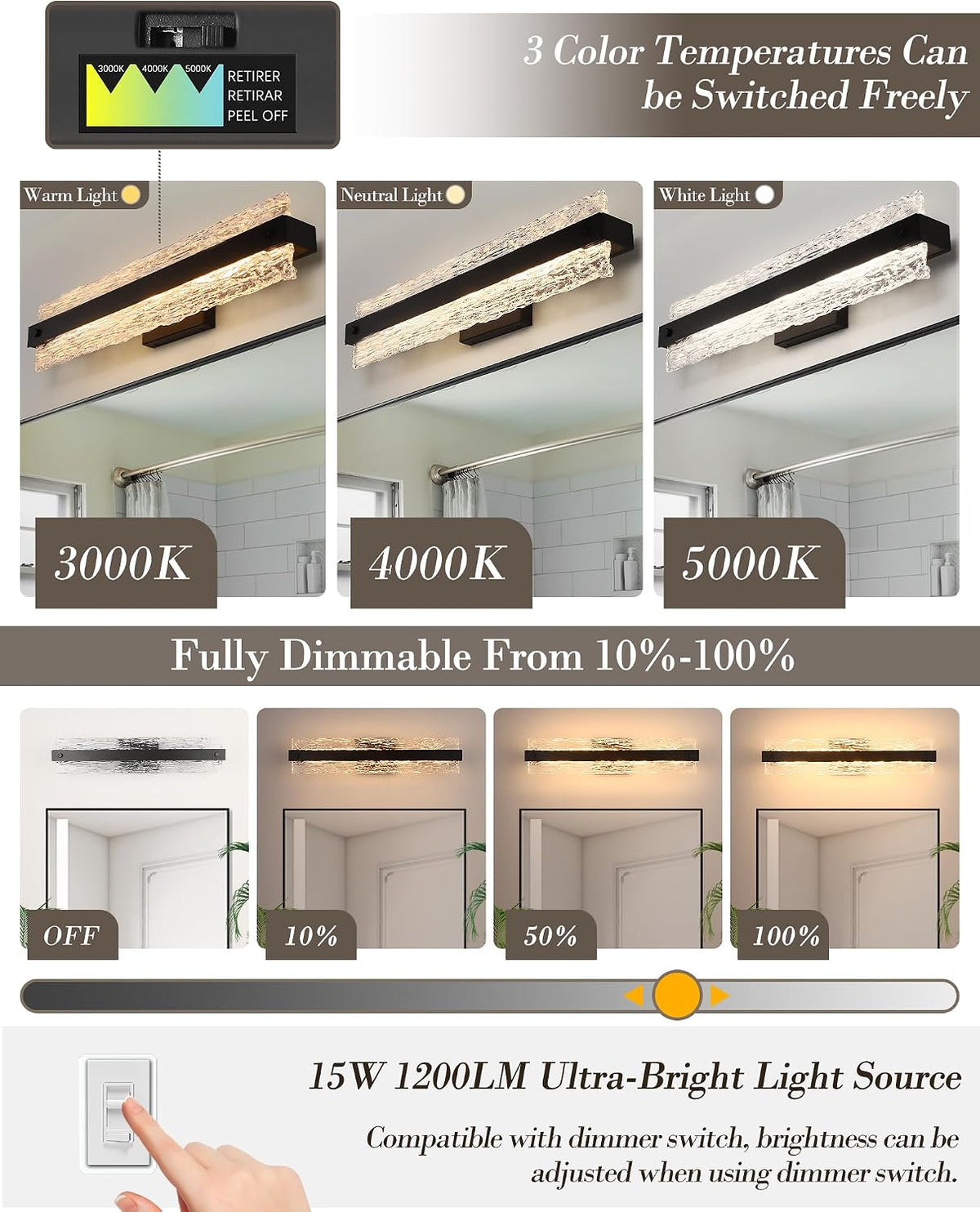 Black LED Bathroom Vanity Light, 24.4 Inch 15W Modern Dimmable Bathroom Light Fixture Over Mirror, Crystal Bar Wall