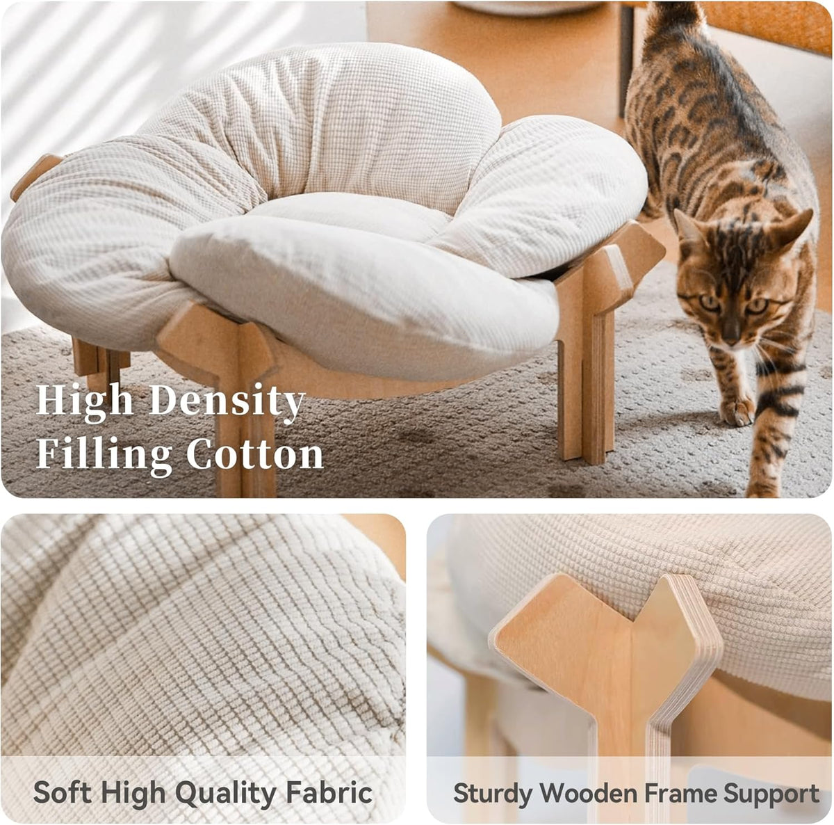 Elevated Cat Bed Wooden, Cat Couch Fluffy, Cat Sofa Flower for Indoor Cats, Raised Cat Bed with Washable Fluffy