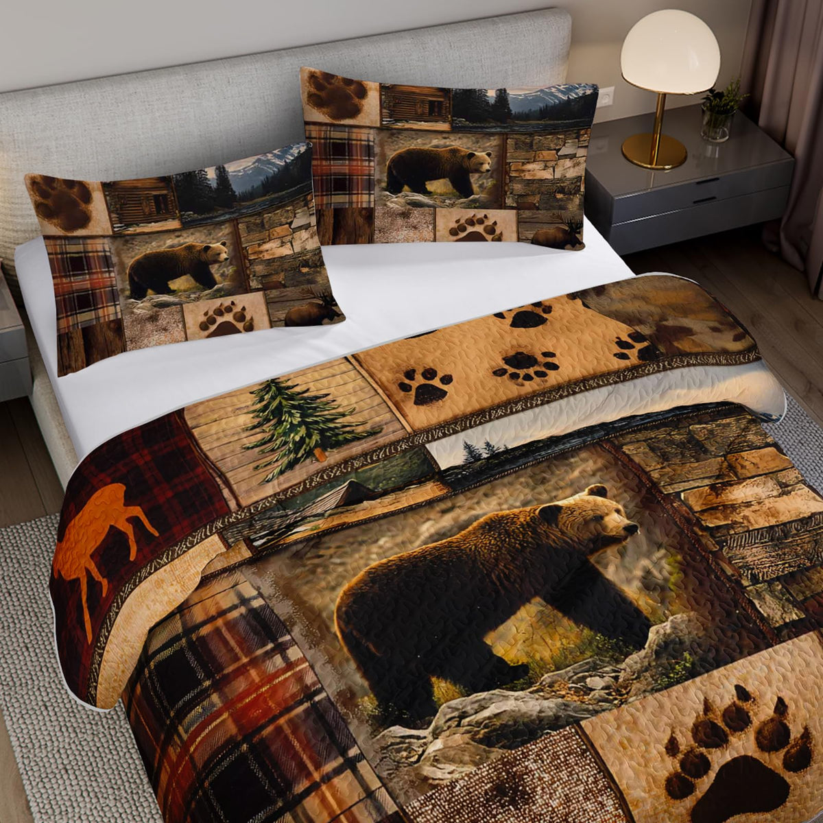 Rustic Brown Bear Quilts Bedding 3Pcs Wild Animal Deer Quilt Bed Set