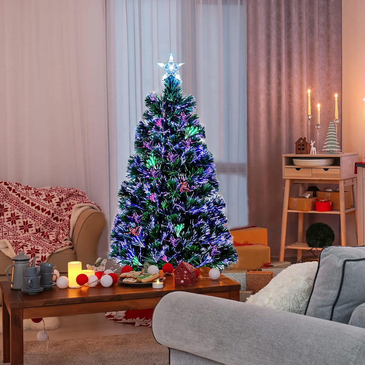 6ft Pre-lit Fiber Optic Artificial Christmas Tree w/Multicolor LED Lights, Snowflakes & Top Star, Lighted Xmas Tree