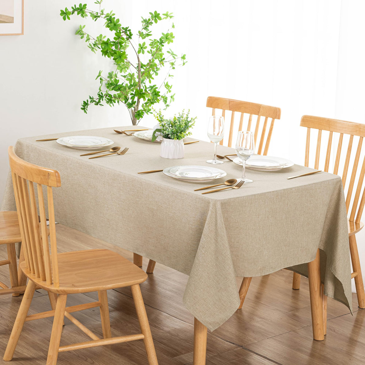 Rectangle Faux Linen Tablecloth, Table Cover, 60 x 120 Inch, Beige