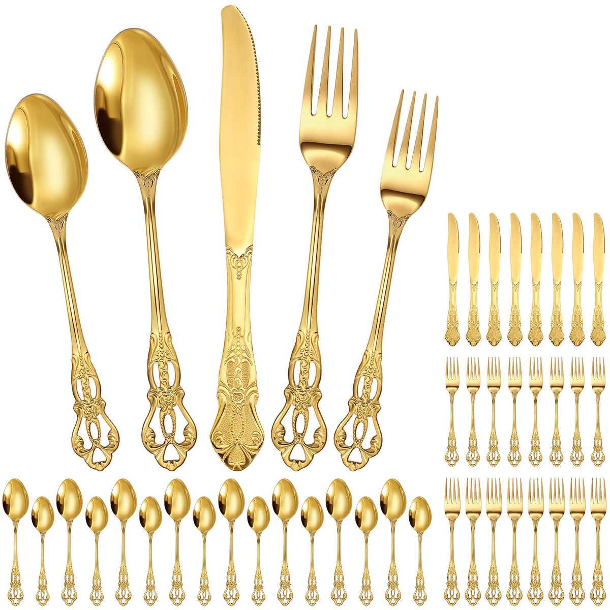 40 Pcs Gold Stainless Steel Flatware Set, Retro Vintage Silverware with Forks Spoons Knives Mirror Polished Cutlery