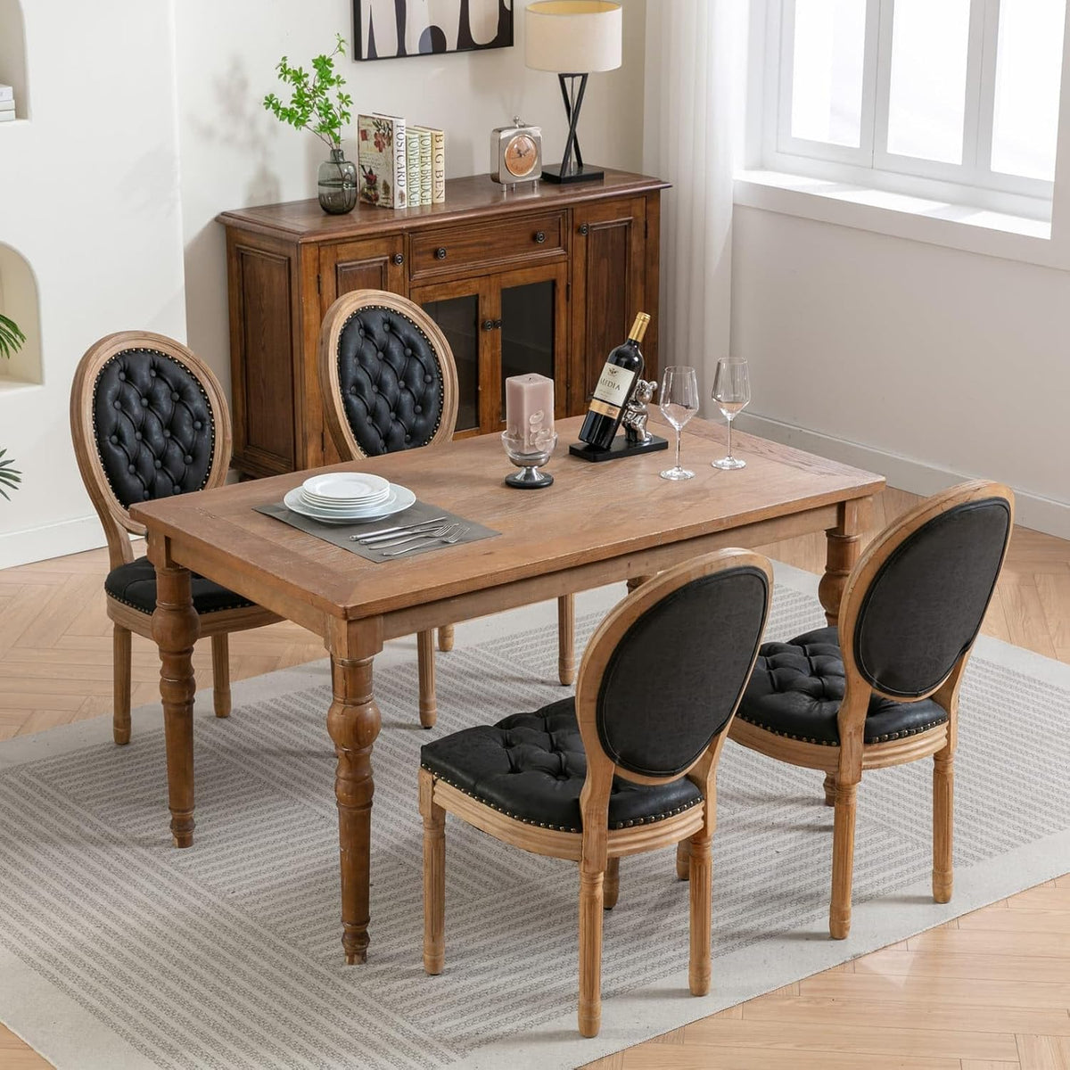 French Country Dining Chairs Set of 4, Vintage Wooden Dining Chairs with Tufted PU Leather Seat and Solid Wood Frame, Farmhouse Style, Black