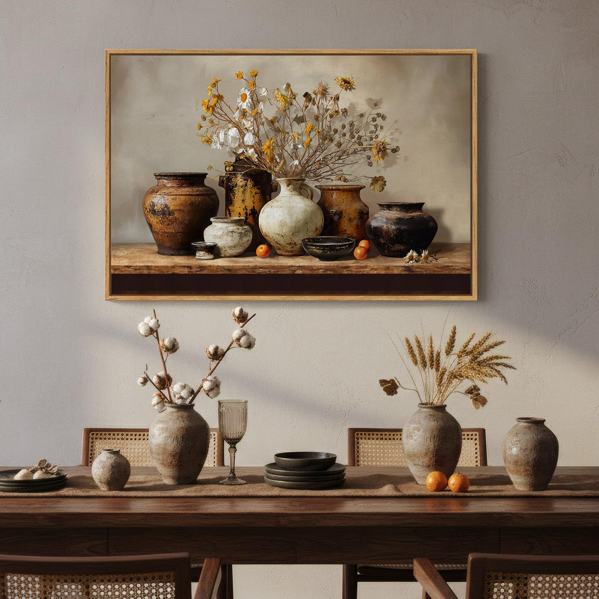 Framed Vintage Farmhouse Rustic Floral Pottery Kitchen Wall Art, 24x36 In