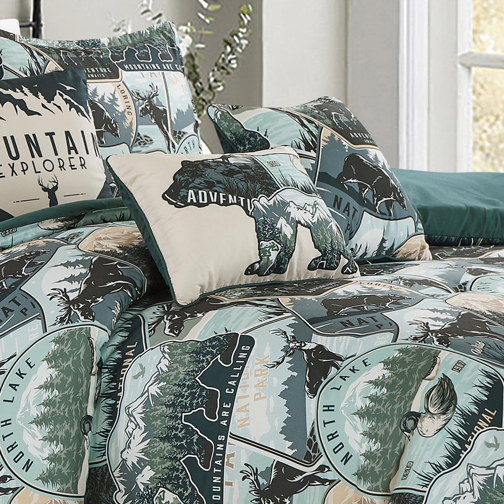 Tahoe 7-Piece North Lake Motif Comforter Set - Multicolor Blue Green Brown Black Printed Washed Cabin Lodge