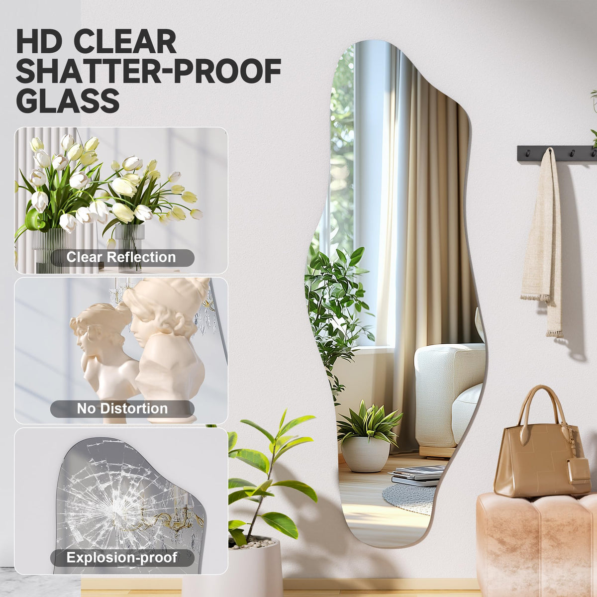 55"x20" Irregular Wall Mirror Frameless Asymmetrical Mirror for Wall