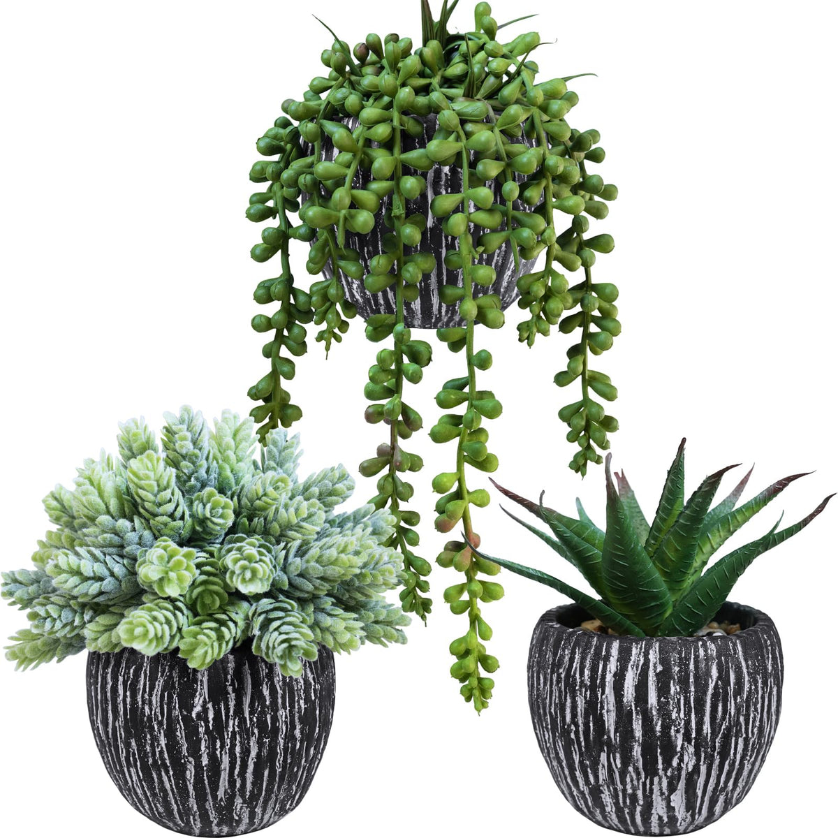 Set of 3 Artificial Succulent Plants in Black Pots Fake Hops Aloe String of Pearls Potted Plants Small Faux Plants