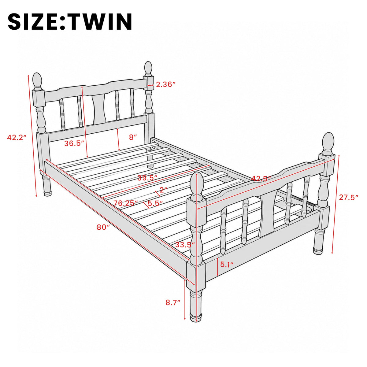 Platform Bed with Spindle Headboard & Footboard, Farmhouse Spindle Bed Frame with Wood Slat Support, No Box