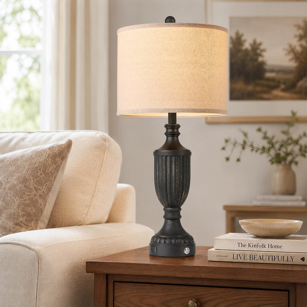 Black Farmhouse Lamps Set of 2, 27.5" Bedroom Lamps Set of 2 with USB Ports, Dimmable Rustic Bedside Lamps Nightstand