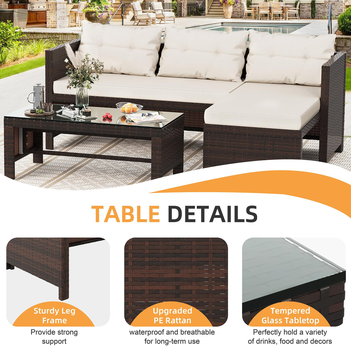 3 Pieces Outdoor Patio Furniture Set, Wicker Patio Conversation Set, All Weather Wicker Rattan Patio Seating Sofas