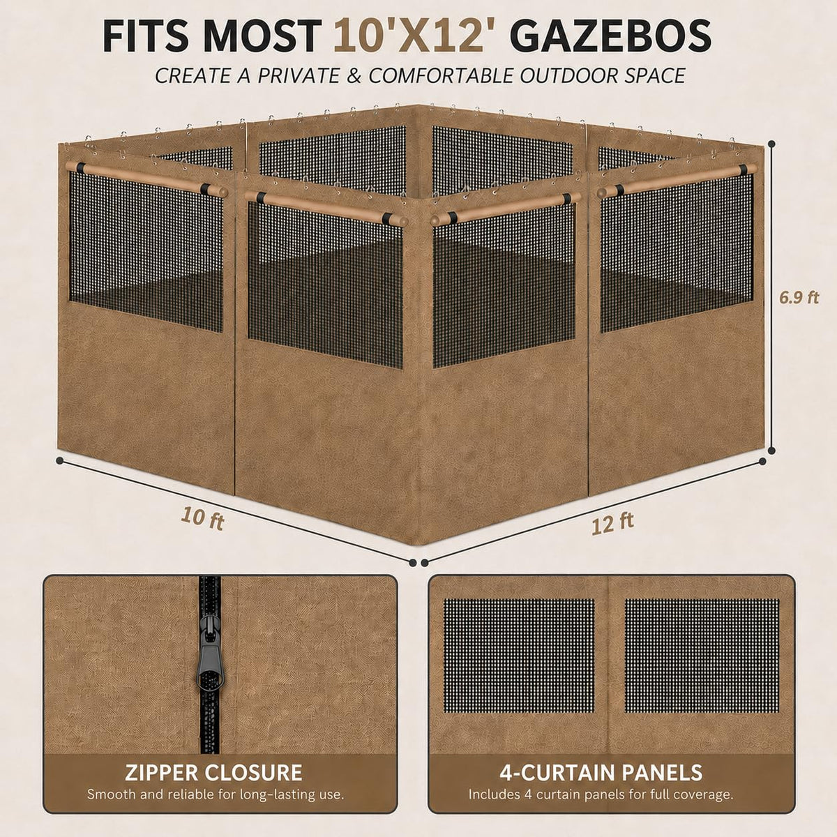 10 x 12 Ft Gazebo Privacy Curtains with Mesh Windows, 4 Panels, Khaki
