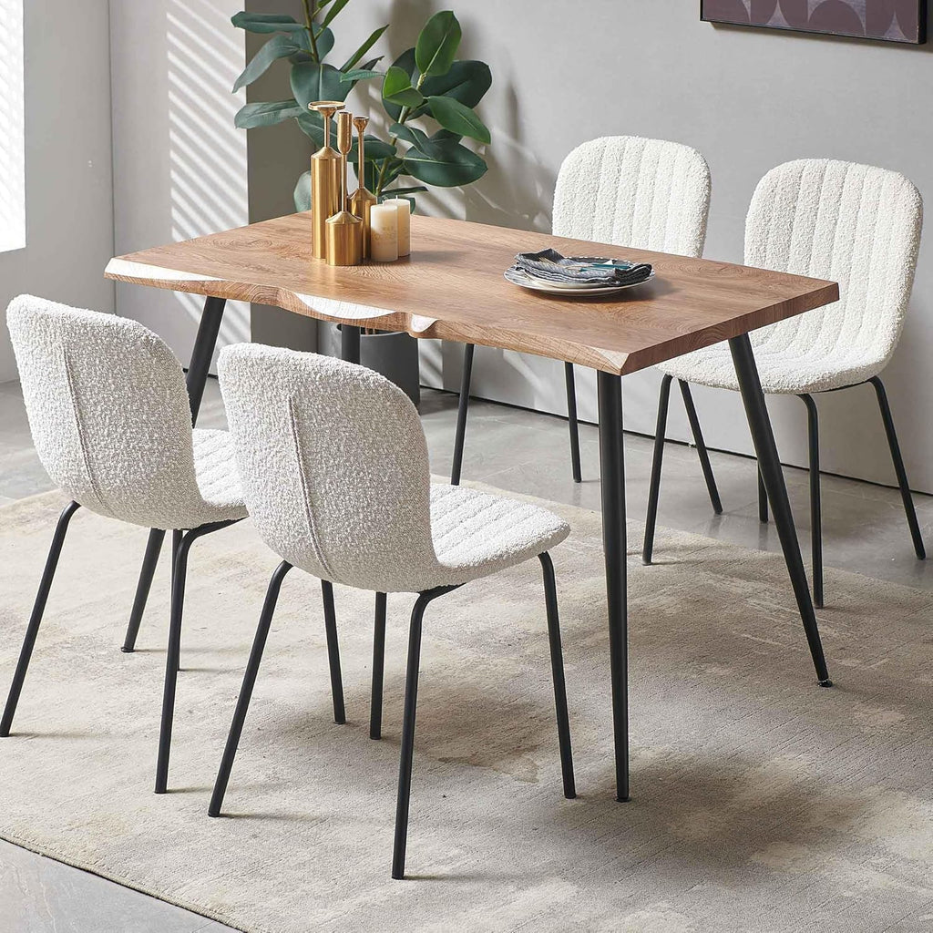 White Boucle Dining Chairs Set of 4, Modern Fabric Upholstered Kitchen and Dining Room Chairs with Metal Legs, Space-Saving Design