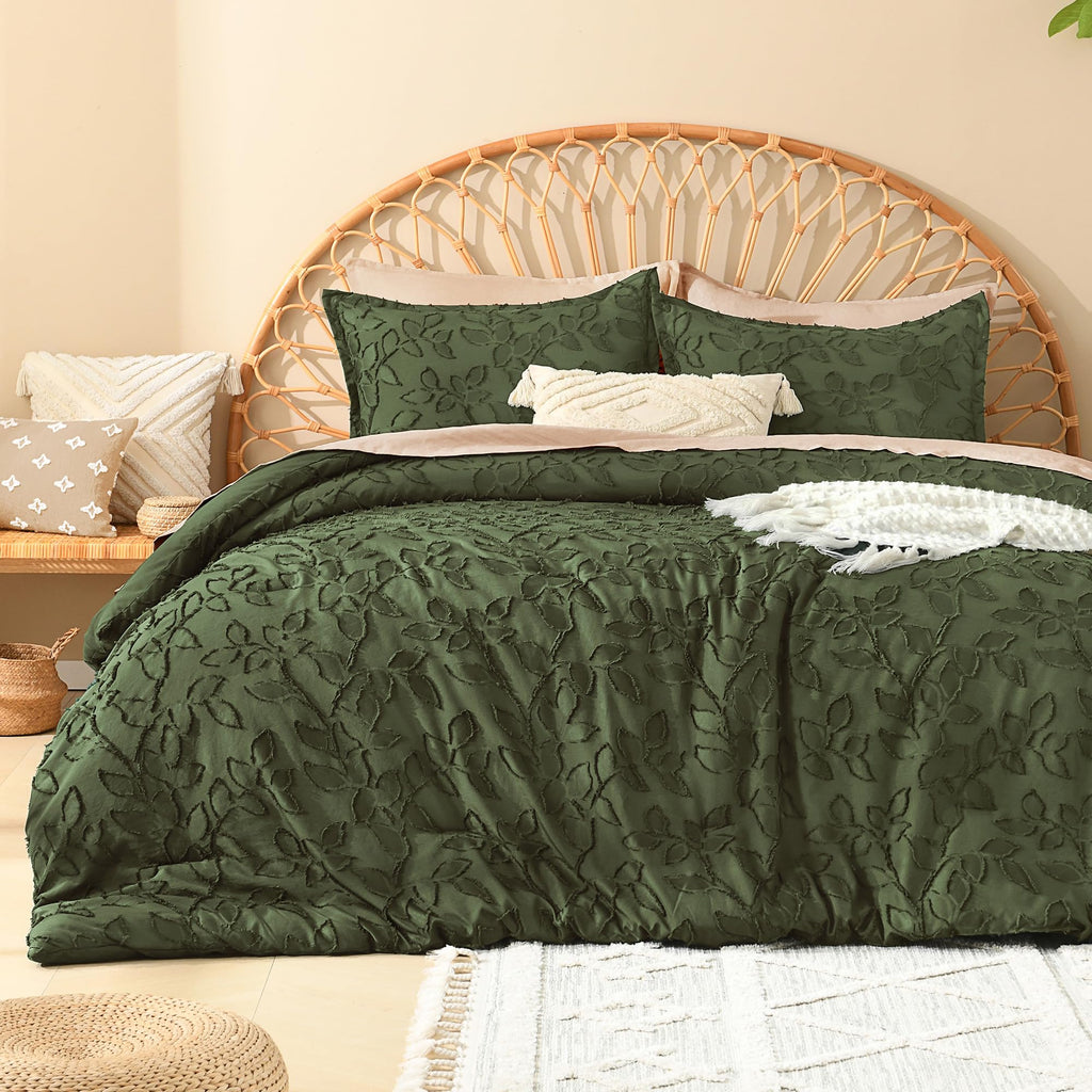 King Comforter Set, 3PCS Olive Green Boho Tufted Bedding