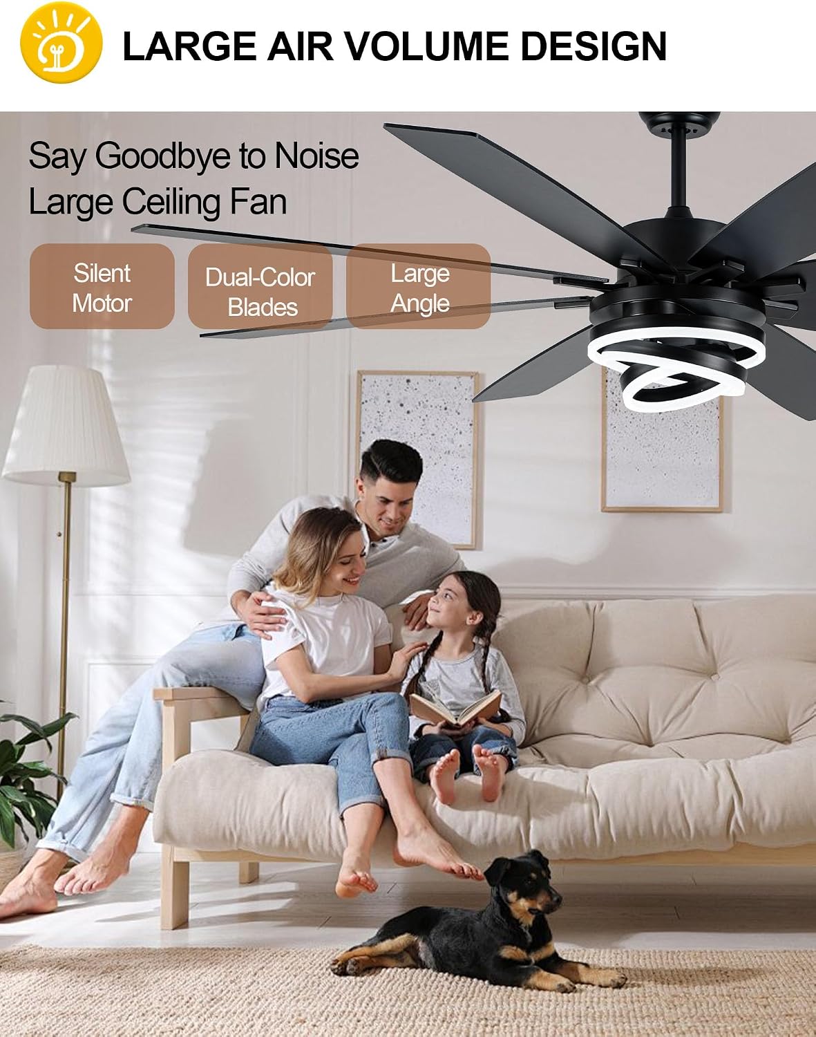 Black 72 Inch Ceiling Fans with Lights and Remote Reversible Quiet DC Motor 6 Speed LED Big Large Modern Chandelier