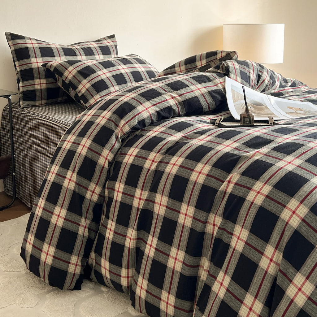 Black Buffalo Plaid Duvet Cover 100% Washed Cotton Green Red Gingham Duvet Cover Vintage Checkered Duvet