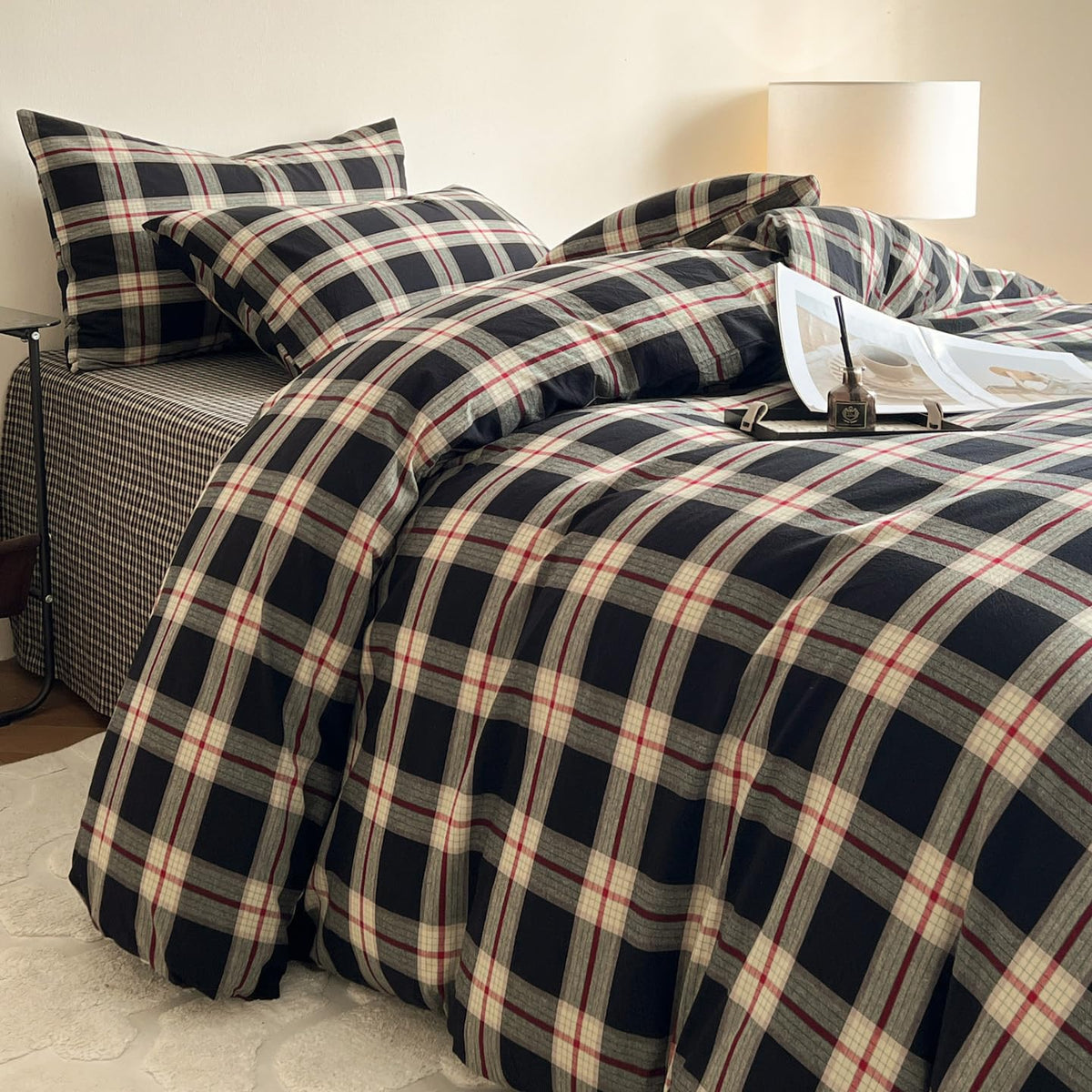 Black Buffalo Plaid Duvet Cover 100% Washed Cotton Green Red Gingham Duvet Cover Vintage Checkered Duvet