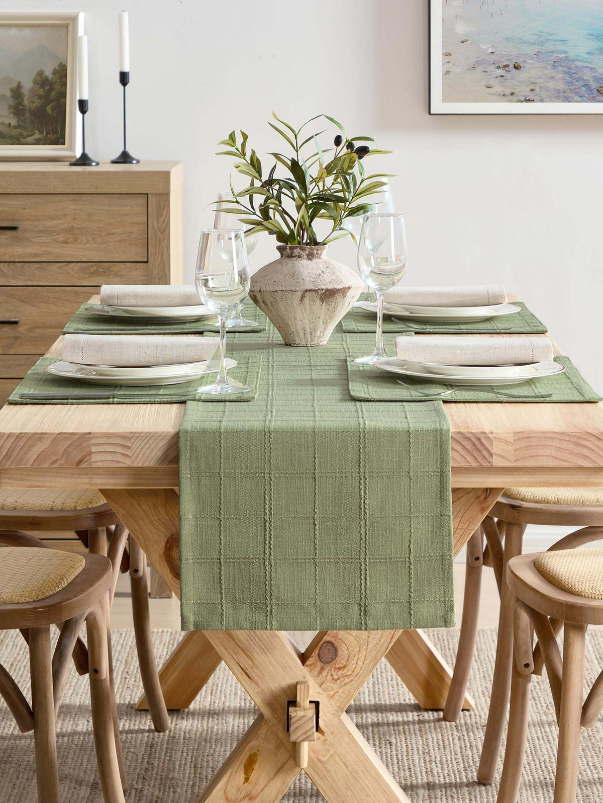 Linen Checked Farmhouse Placemats Set of 4, Sage Green 13x19in
