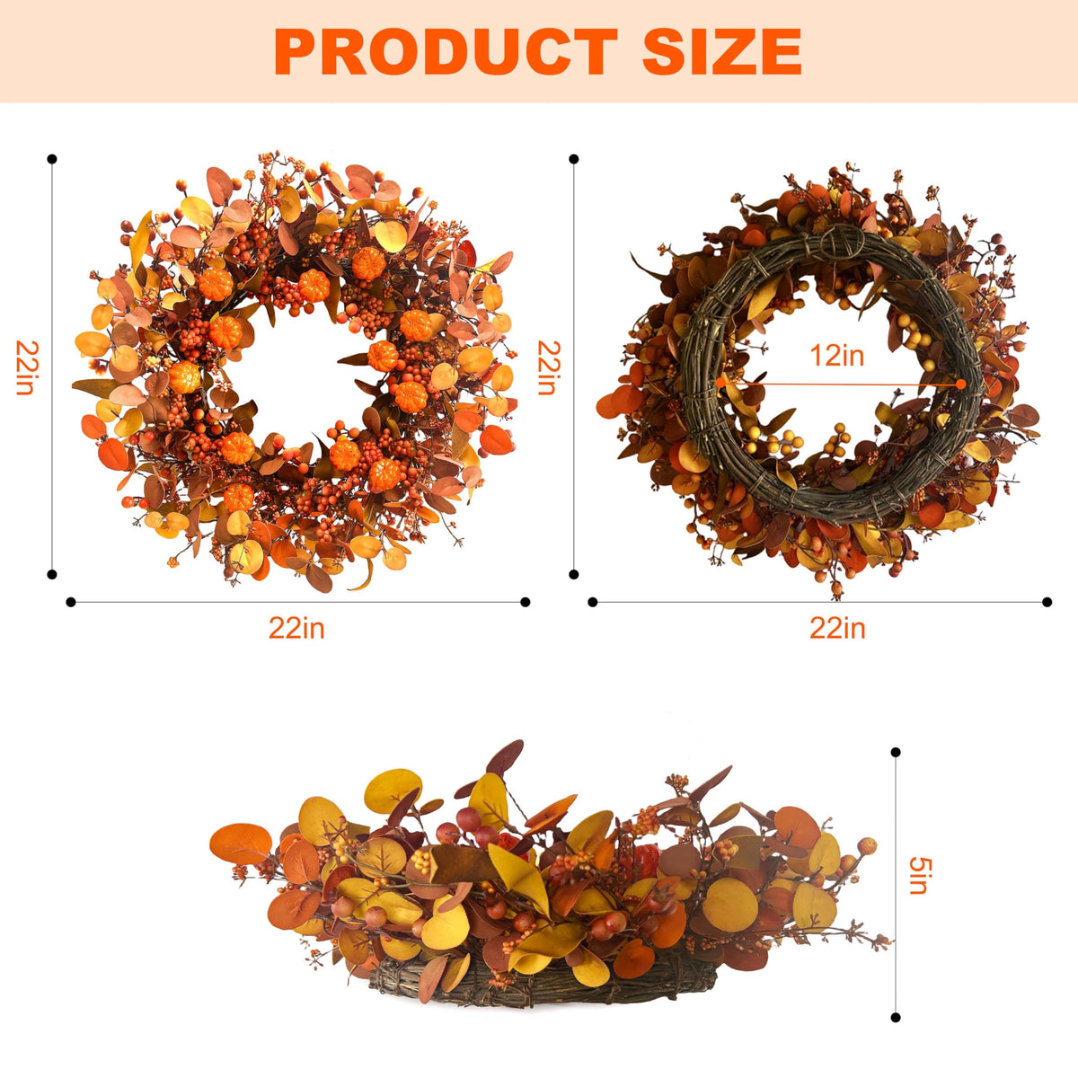 Fall Wreath 22 Inch Fall Wreaths for Front Door Autumn Pumpkin Wreaths with Orange Eucalyptus Leaves and Berries for