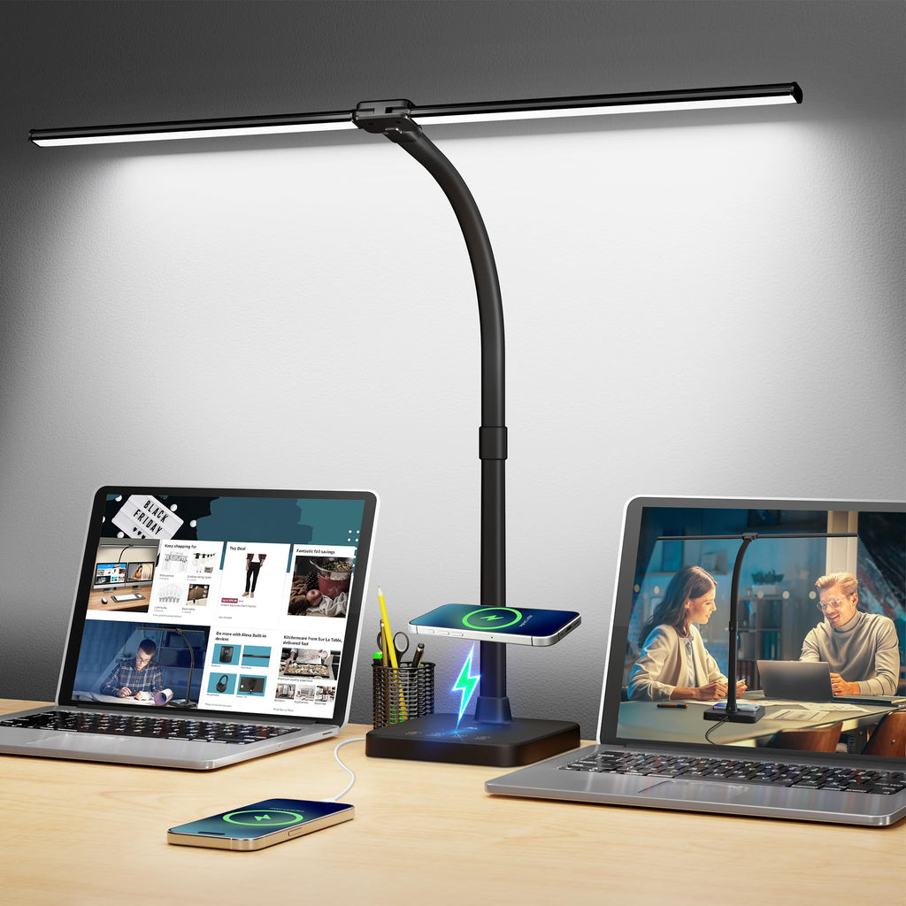 LED Desk Lamp, 24W Double Head Desk Light with Wireless Charging