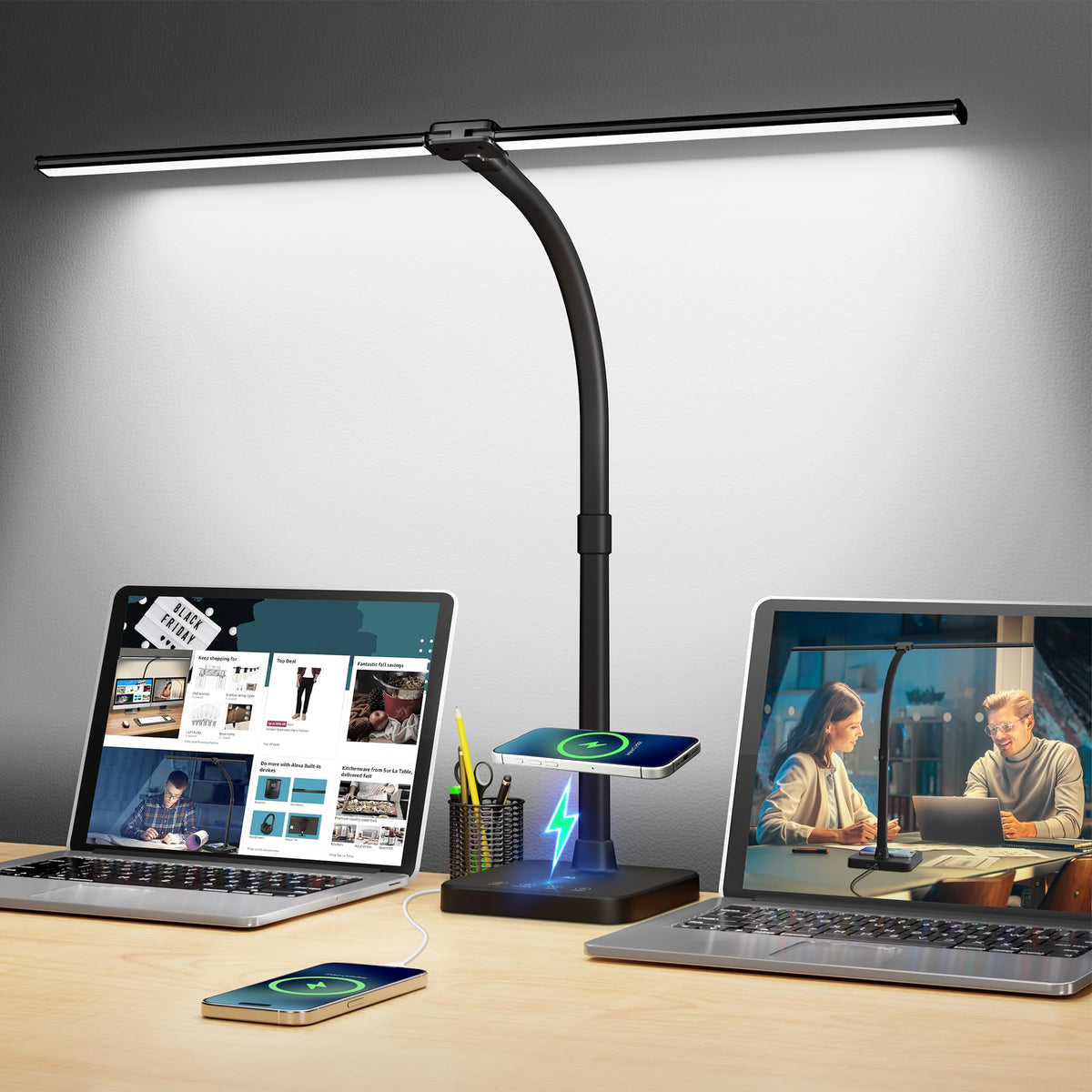 LED Desk Lamp, 24W Double Head Desk Light with Wireless Charging