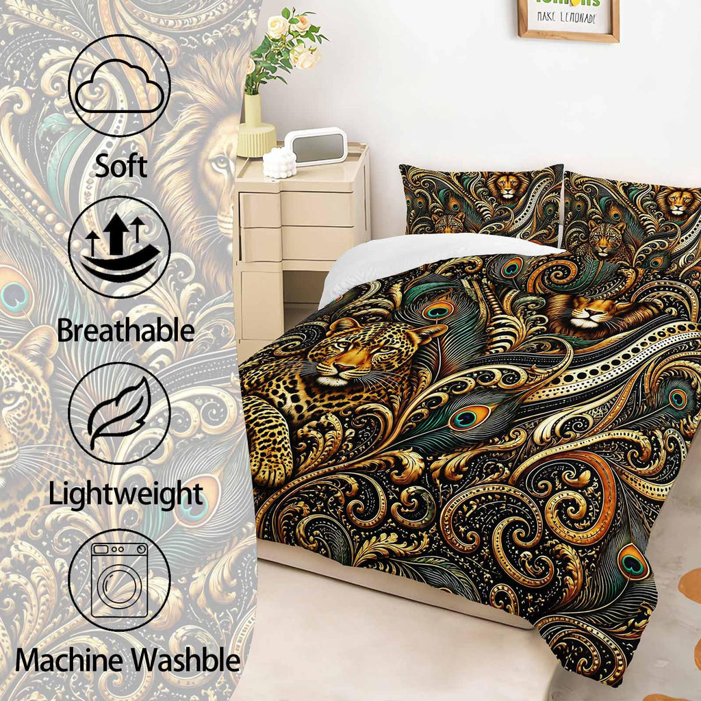 Lion and Leopard Peacock Feathers 3-Piece Comforter Set Twin, Gold Baroque Wildlife Soft Microfiber Bedding with 2