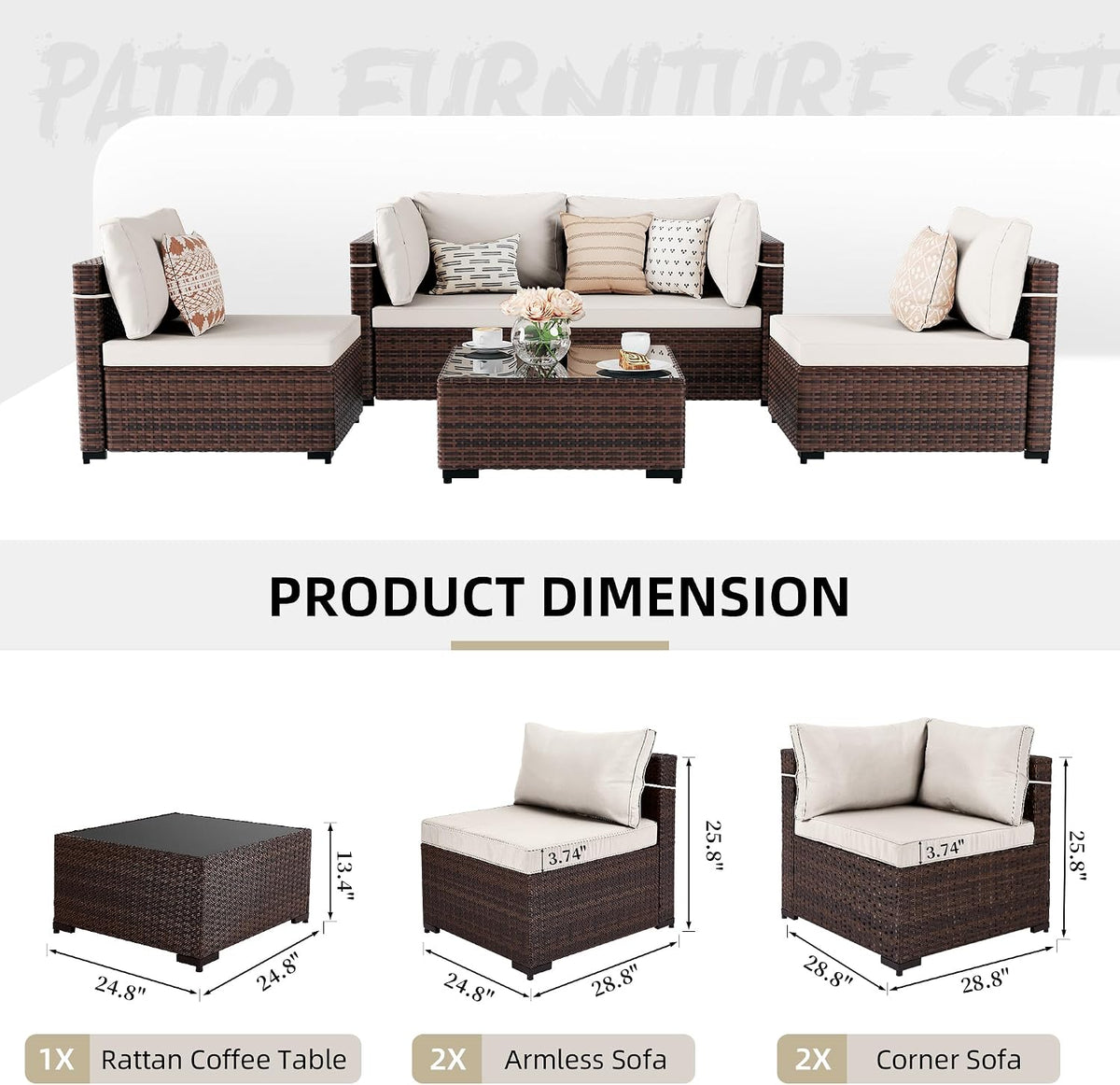 7-Piece Wicker Patio Furniture Set with Coffee Table, White | Outdoor sectional sofa set, patio conversation set for