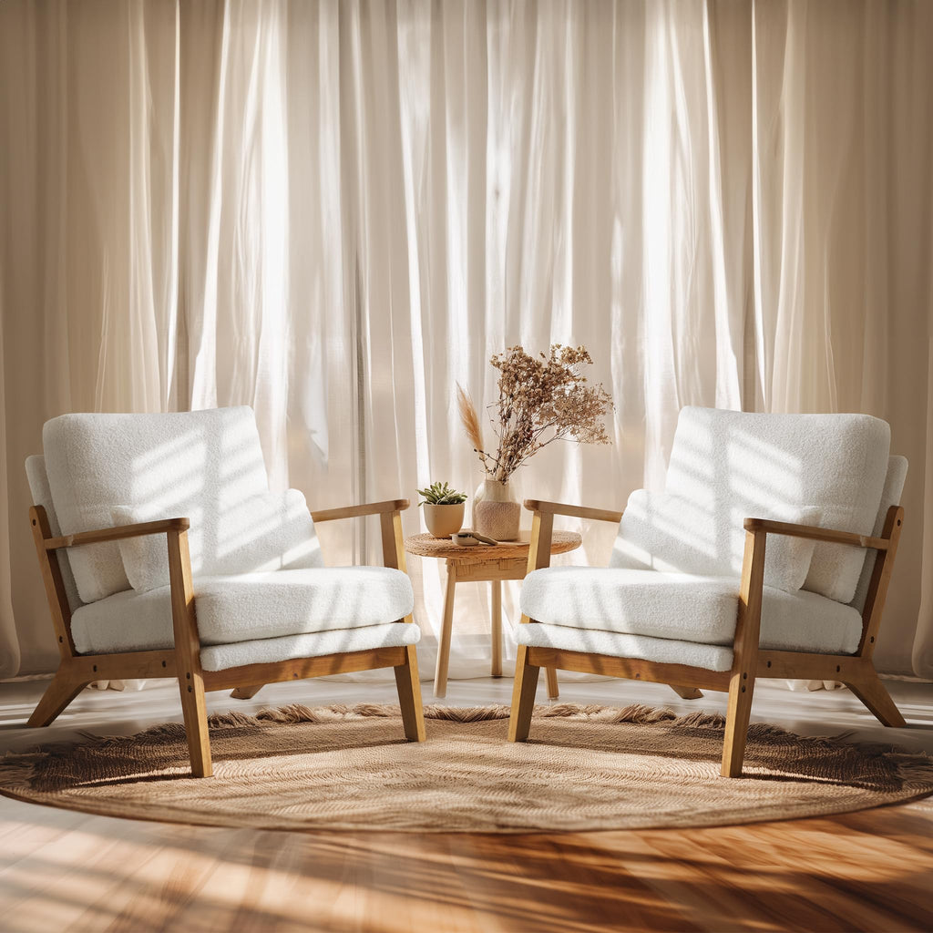 Solid Wood Wide Armrests Accent Chair Set of 2, Upholstered Mid Century Modern Chair with Pillow, Farmhouse Arm Chair