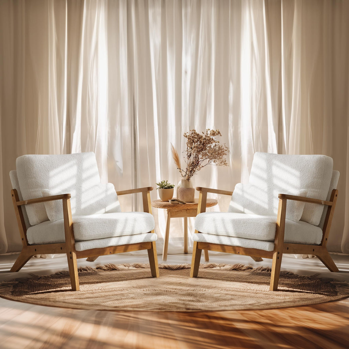 Solid Wood Wide Armrests Accent Chair Set of 2, Upholstered Mid Century Modern Chair with Pillow, Farmhouse Arm Chair