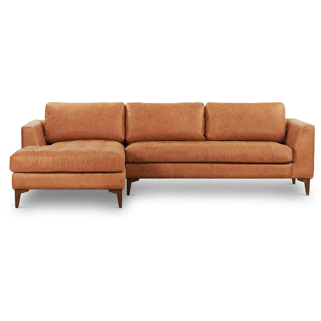 Calle Left-Facing Sectional Sofa, Full-Grain Pure-Aniline Italian Leather, Cognac Tan, Solid Wood Legs