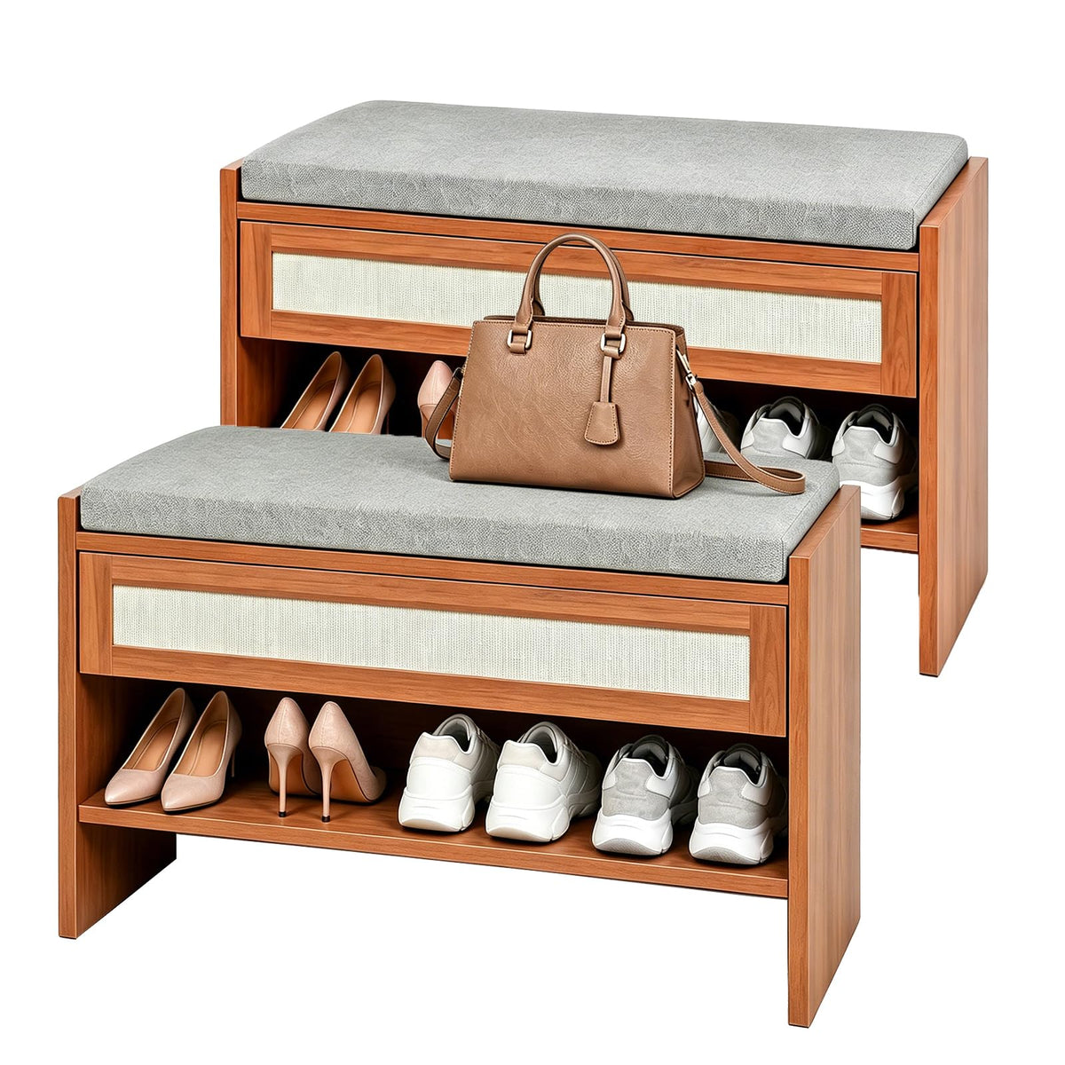 2PCS 31" L Farmhouse Shoe Bench with Storage Drawer & Linen Cushion - Wooden Entryway Bench with Open Shelf