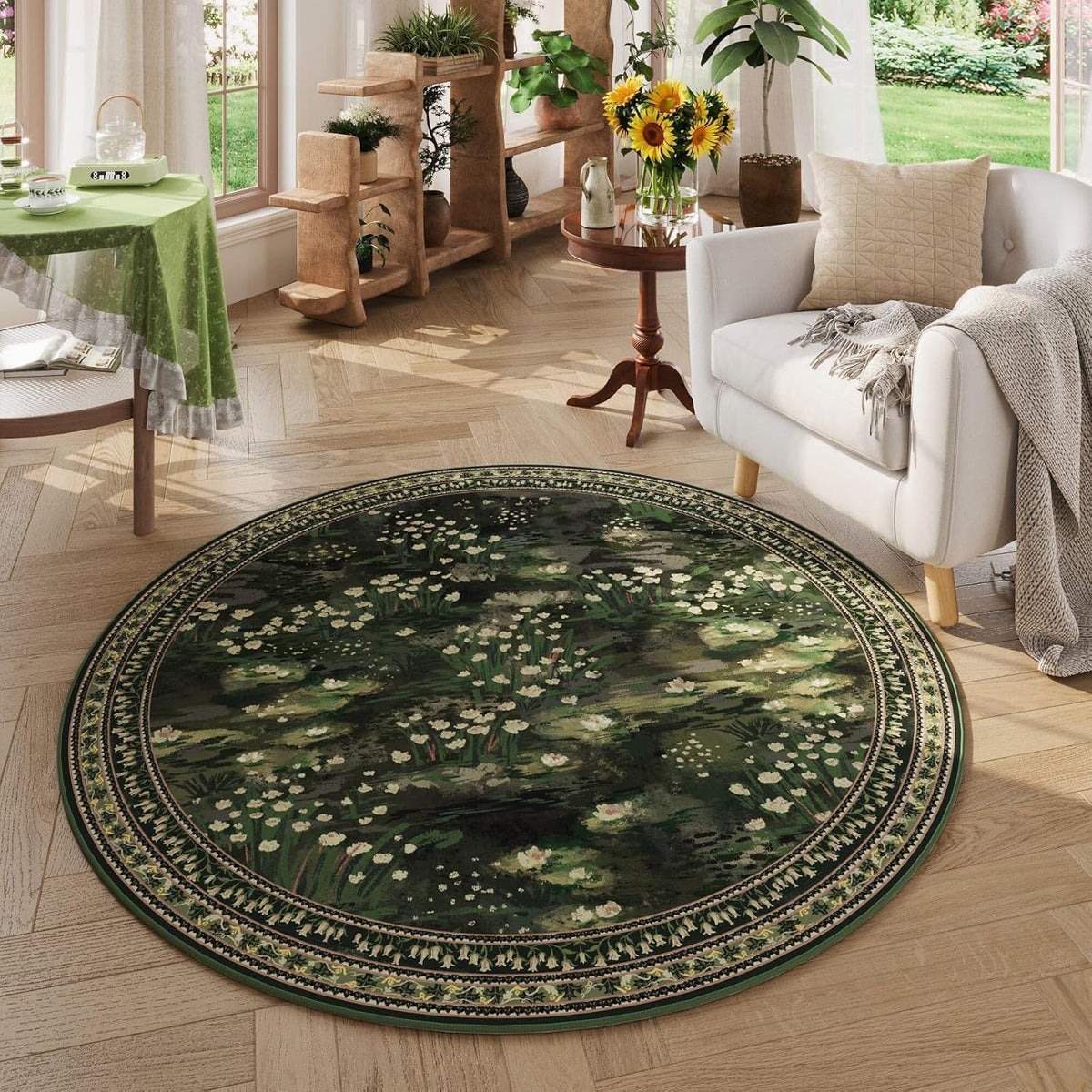 Round Area Rug 8ft Washable Vintage Impressionist-Style, Green