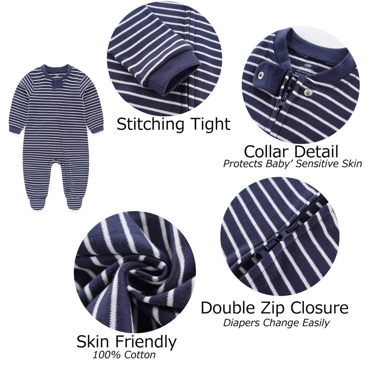 Newborn Baby Boy Girls Clothes Way Zip Footed Cotton Bodysuit Pack Long Sleeve Outfits Baby Pajamas