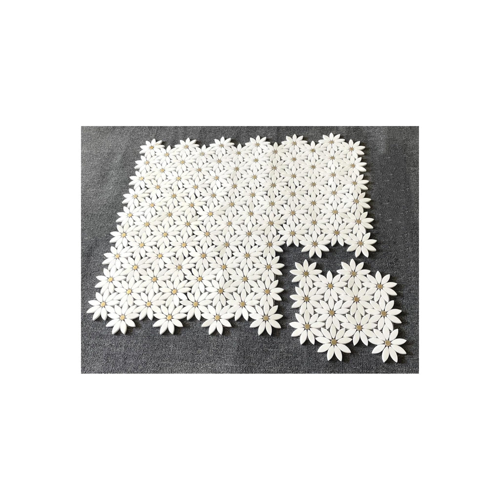 Thassos White Marble Daisy Flower Mosaic Tile with Gold Metal Inlay 12x12 Inches - Decorative Natural Stone Wall &