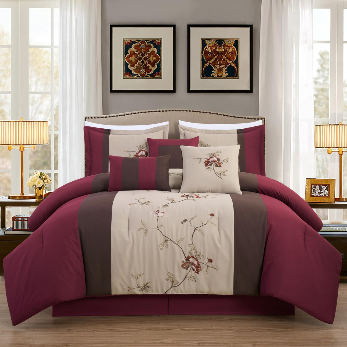 Vienna 7-Piece Embroidered Floral Comforter Set (Burgundy Taupe Brown)