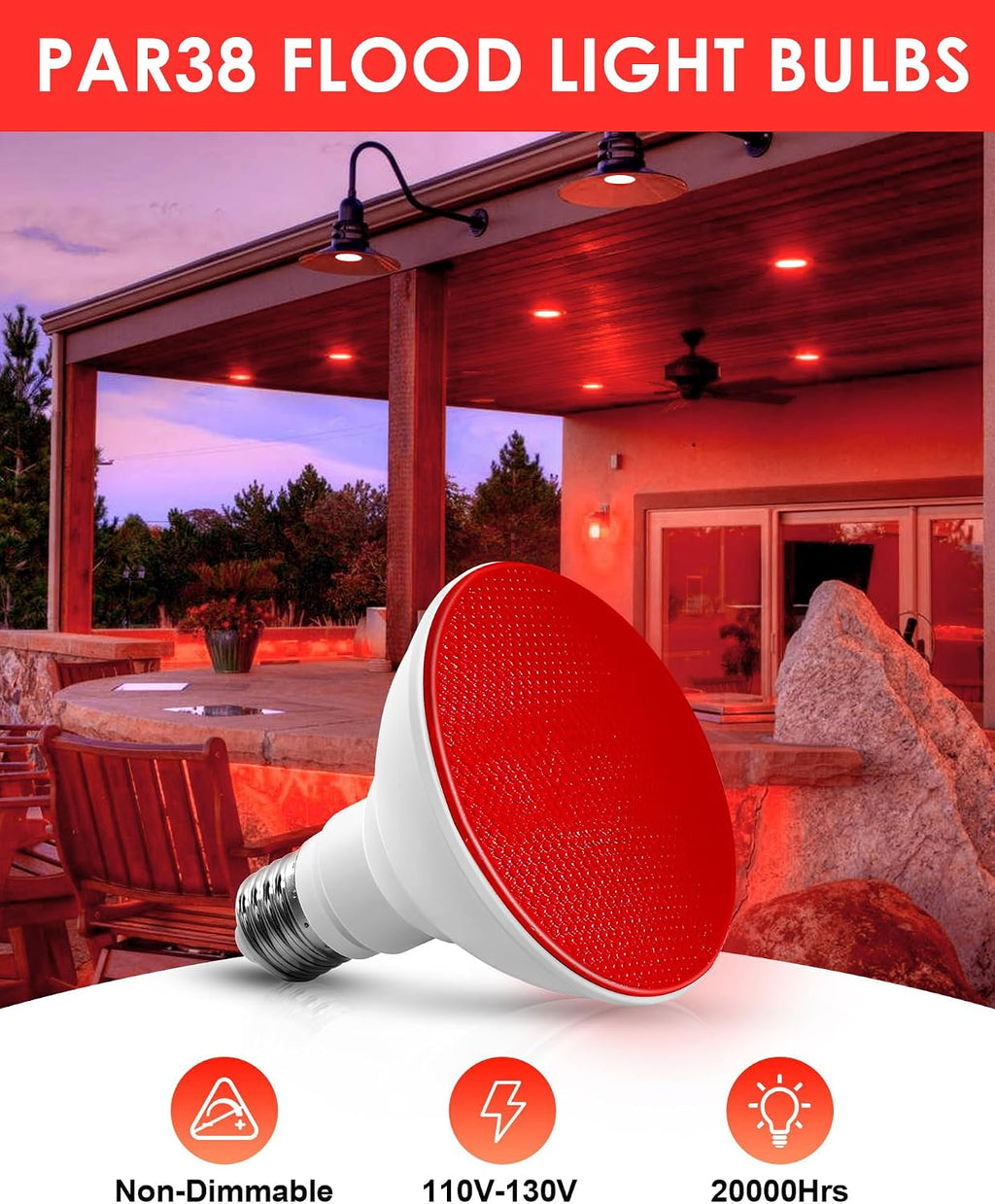 Par38 Red LED Flood Light Bulbs Outdoor, 120V 150W Equivalent 15W, E26 Base