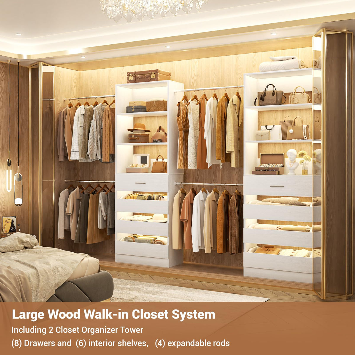 Closet System, 6-15Ft Custom Wood Closet Organizer with 8 Drawers