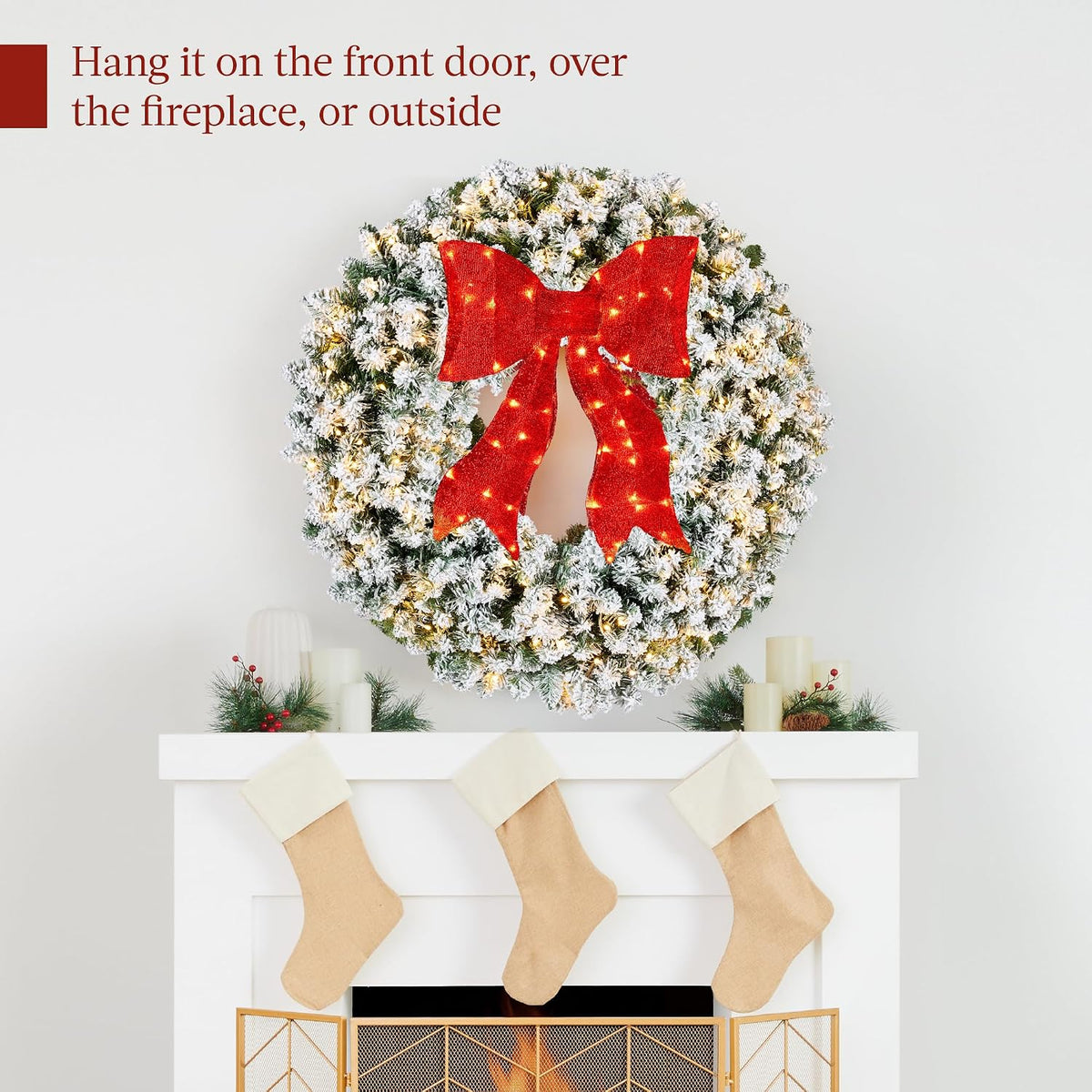 48in Large Flocked Artificial Pre-Lit Fir Christmas Wreath Holiday Accent Decoration for Door, Mantel w/Red Lighted