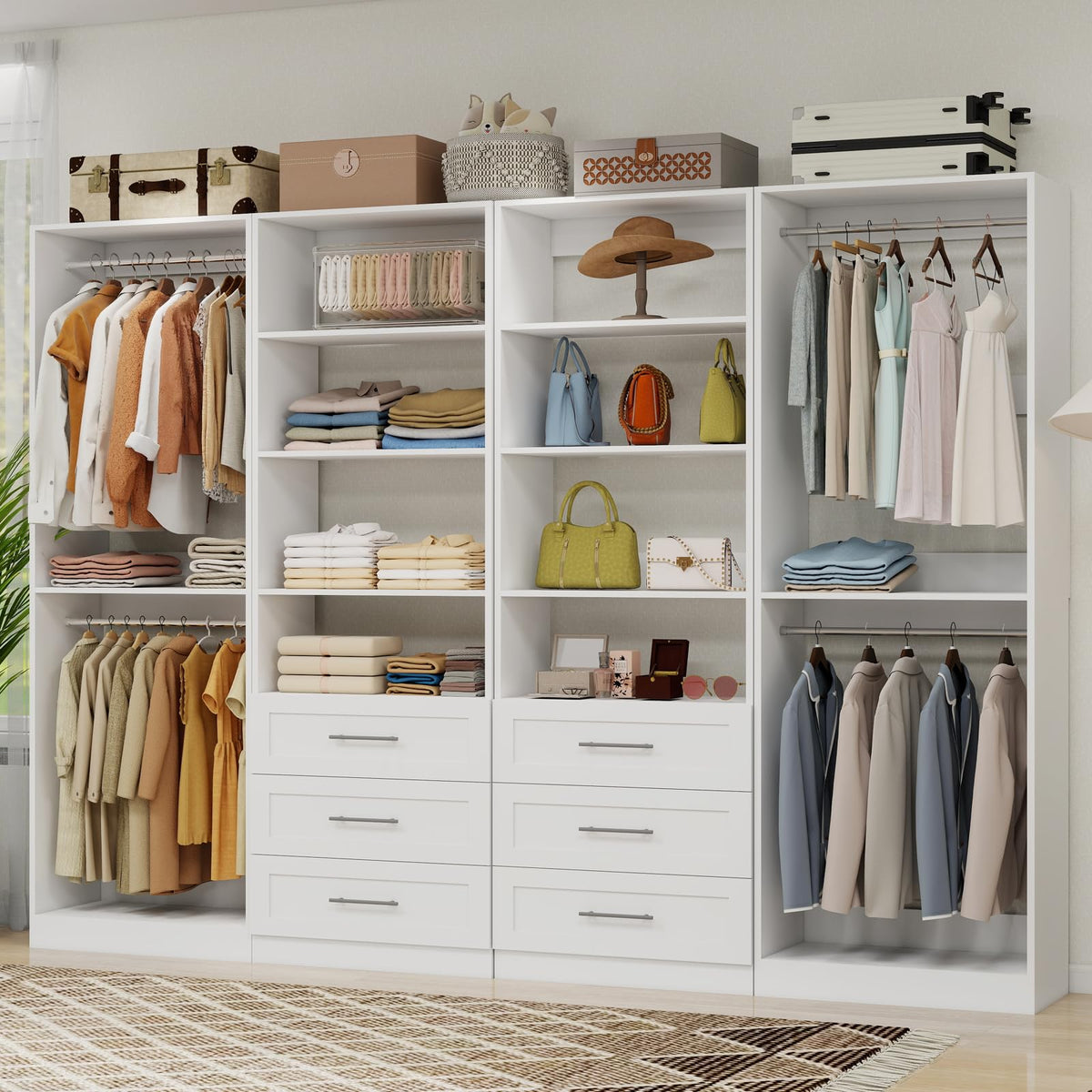 Closet System with 6 Drawers, 8FT-21FT Wooden Organizer System